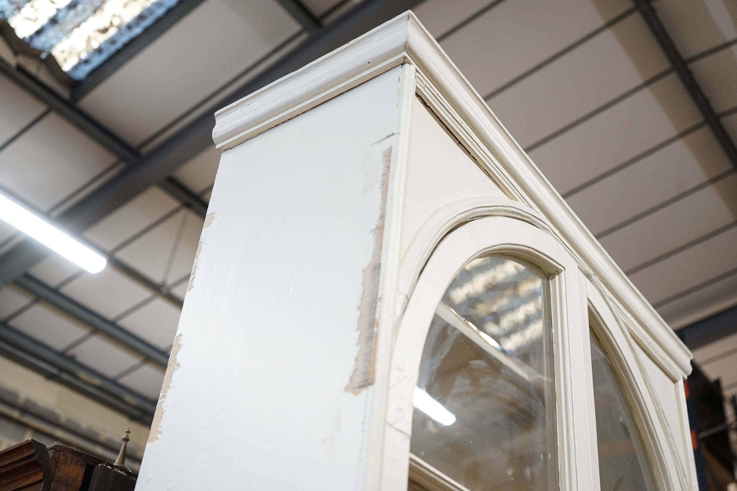 A Victorian style painted pine narrow glazed kitchen cabinet, width 83cm, depth 29cm, height 242cm